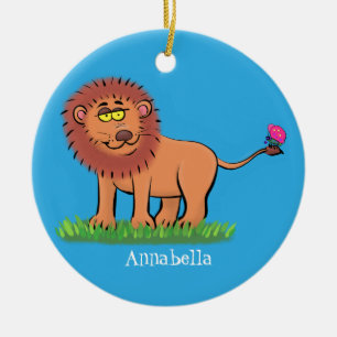 Happy lion with butterfly cartoon illustration julgransprydnad keramik