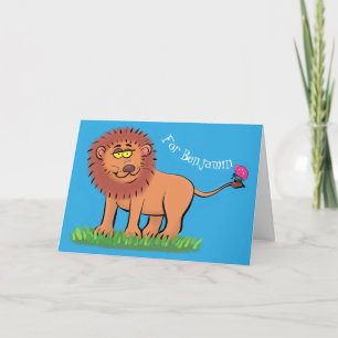 Happy lion with butterfly cartoon illustration kort