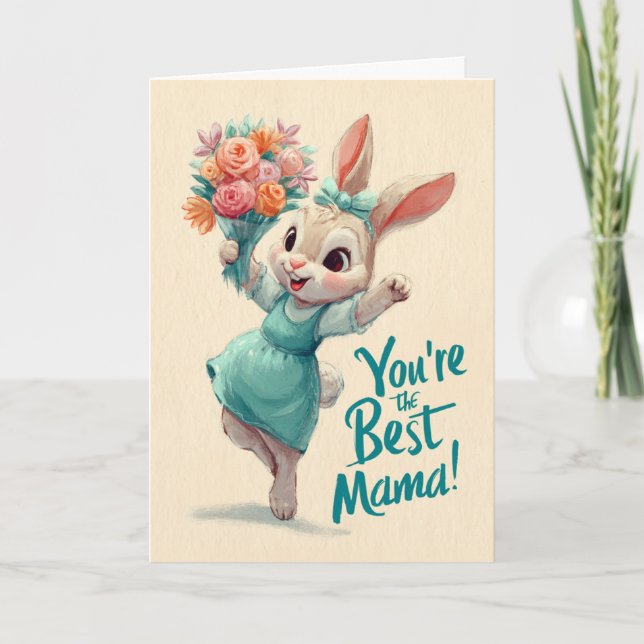 Happy Little Bunny With Flowers for Mother's Day Kort (Framsida)