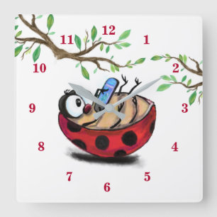 Happy Little Ladybug with Phone - Cartoon Drawing Fyrkantig Klocka