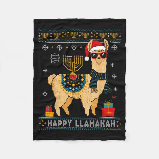 Happy Llamakah Funny Ugly Hanukkah Sweater Llama P Fleecefilt (Framsidan)