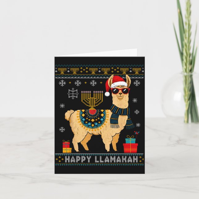 Happy Llamakah Funny Ugly Hanukkah Sweater Llama P Kort (Framsida)