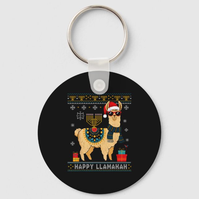 Happy Llamakah Funny Ugly Hanukkah Sweater Llama P Nyckelring (Framsida)