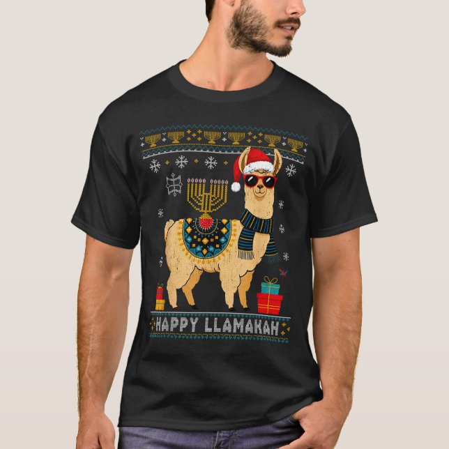 Happy Llamakah Funny Ugly Hanukkah Sweater Llama P T Shirt (Framsida)