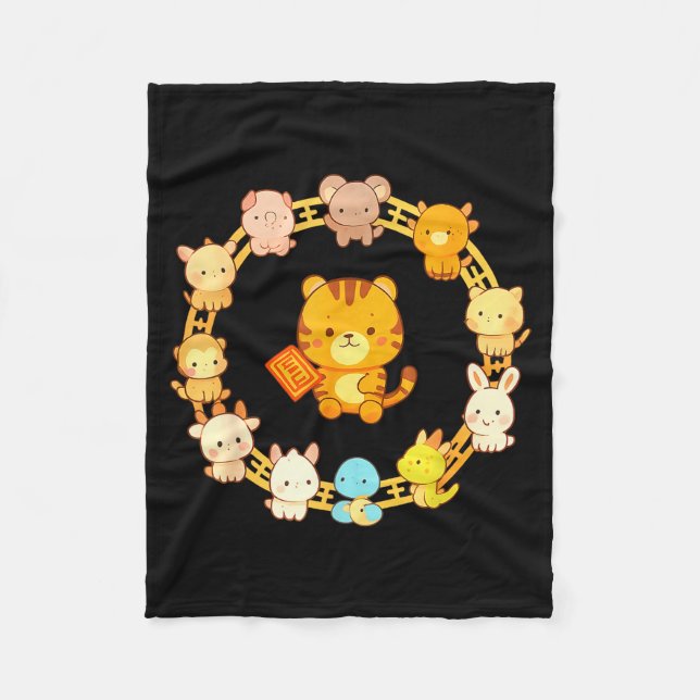 Happy Lunar New Year Animals 12 Chinese Zodiac Sig Fleecefilt (Framsidan)