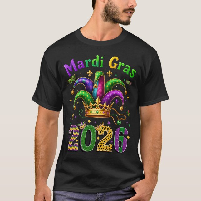 Happy Mardi Gras 2026 Jester Hat T Shirt (Framsida)