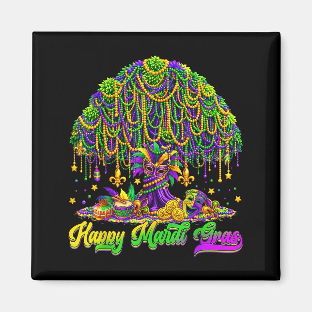 Happy Mardi Gras Tree Beads Mask Carnival New Orle Magnet (Framsidan)