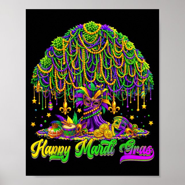 Happy Mardi Gras Tree Beads Mask Carnival New Orle Poster (Framsidan)