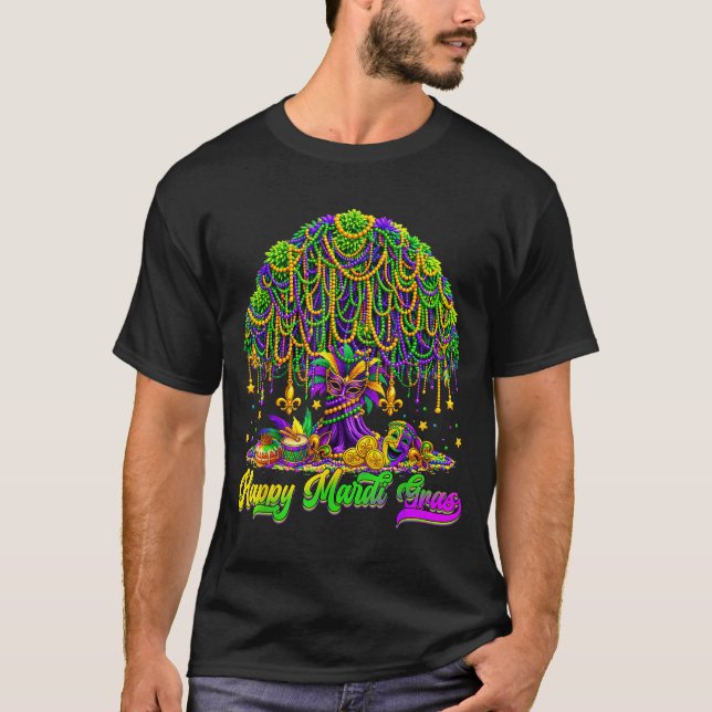 Happy Mardi Gras Tree Beads Mask Carnival New Orle T Shirt (Framsida)