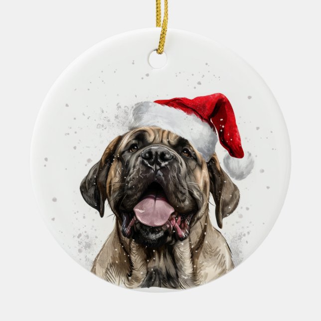 Happy Mastiff Dog Christmas Personalized Julgransprydnad Keramik (Framsidan)