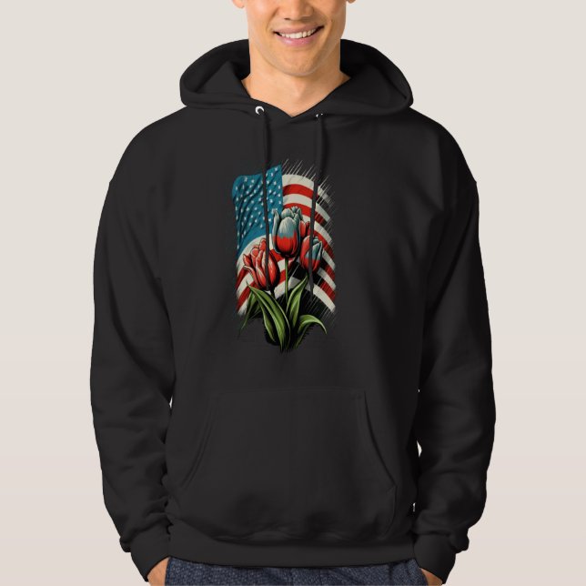 Happy Memorial Day Tulips Flower American Flag 4th Hoodie (Framsida)