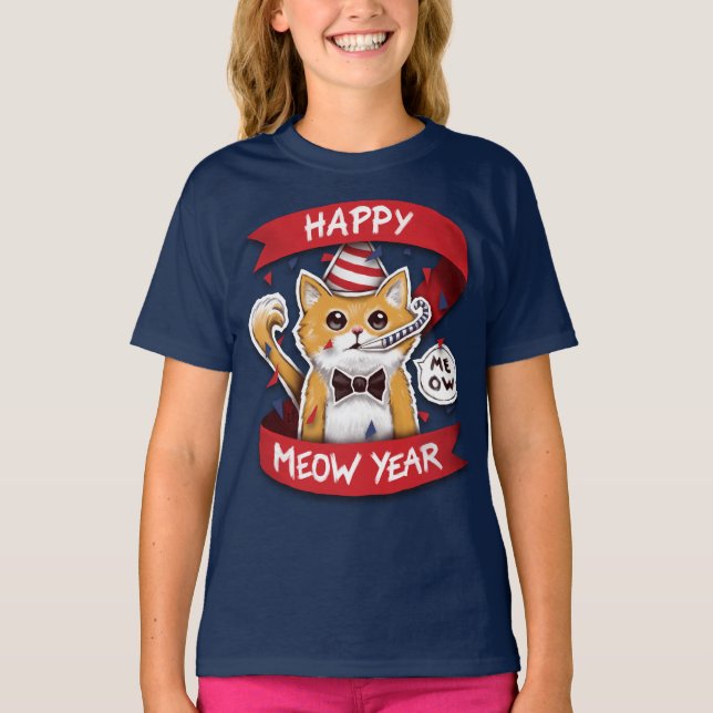  Happy Meow Year - Bonne Année Jeu de Mots T-shirt (Framsida)