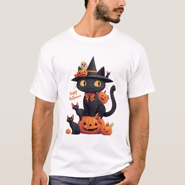 Happy Meoween Cats Cute Halloween  T Shirt (Framsida)