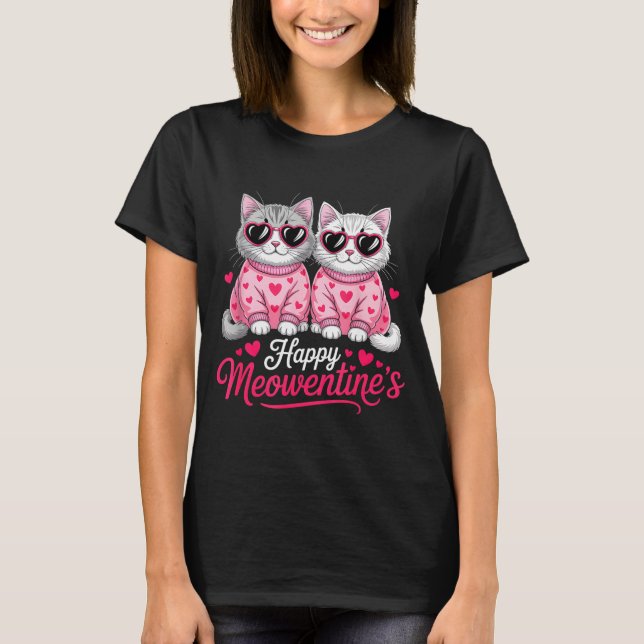 Happy Meowentine’s Cute Romantic Cats Couple Valen T Shirt (Framsida)