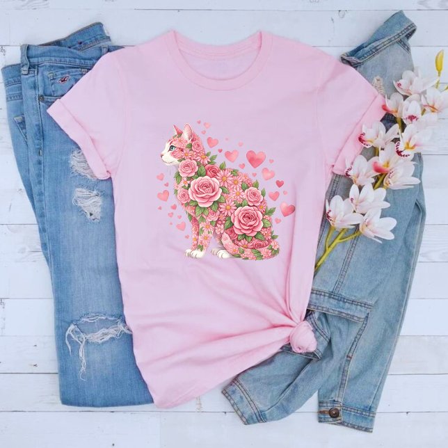 Happy Meowentine's Day Cat Valentines Day Floral T Shirt (Skapare uppladdad)