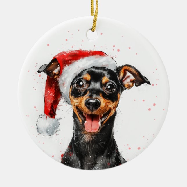 Happy Mini Pinscher Dog Christmas Personalized Julgransprydnad Keramik (Framsidan)