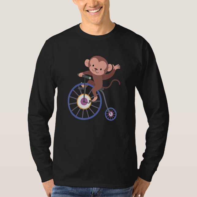 Happy Monkey Riding Bicycle and Waving Hand Cute A T Shirt (Framsida)