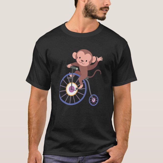 Happy Monkey Riding Bicycle and Waving Hand Cute A T Shirt (Framsida)