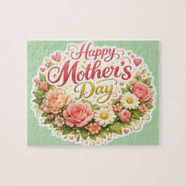 Happy Mother's Day floral wreath, Sage green jigsa Pussel
