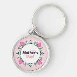 Happy Mother's Day Pink Tulips Rund Silverfärgad Nyckelring
