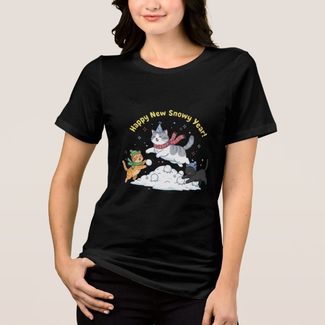 Happy New Snowy Year 2026 Cute Cats Winter T Shirt (Framsida)