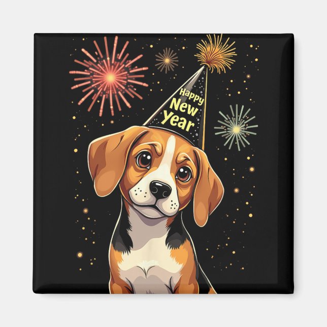 Happy New Year 2025 Eve Firework Dog Funny Beagle  Magnet (Framsidan)