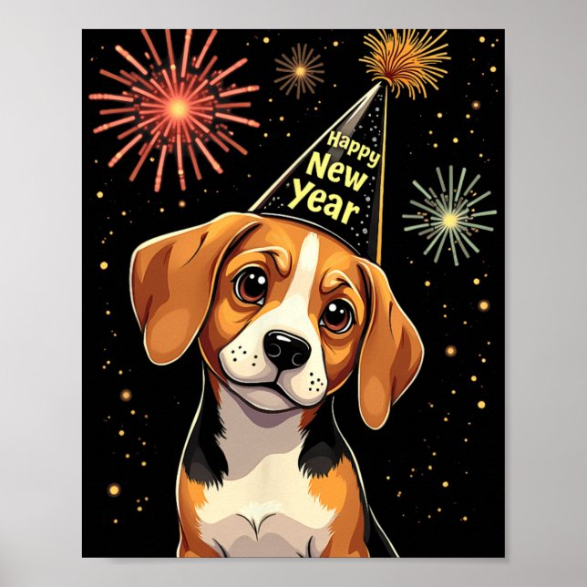Happy New Year 2025 Eve Firework Dog Funny Beagle  Poster (Framsidan)