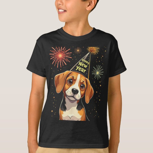 Happy New Year 2025 Eve Firework Dog Funny Beagle  T Shirt (Framsida)