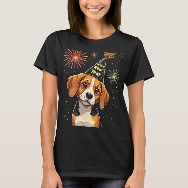 Happy New Year 2025 Eve Firework Dog Funny Beagle  T Shirt (Framsida)