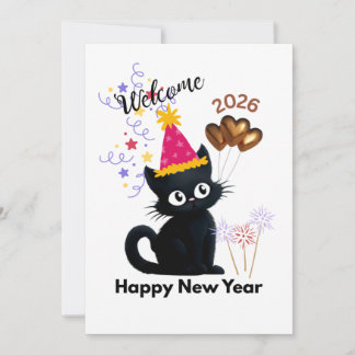 Happy New Year 2026 Black Cat Card Julkort