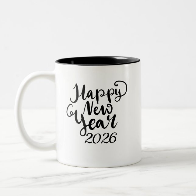 Happy New Year 2026 Black Text Mug Två-Tonad Mugg (Vänster)
