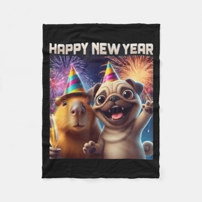 Happy New Year 2026 Capybara Pug Party Art  Fleecefilt (Framsidan)