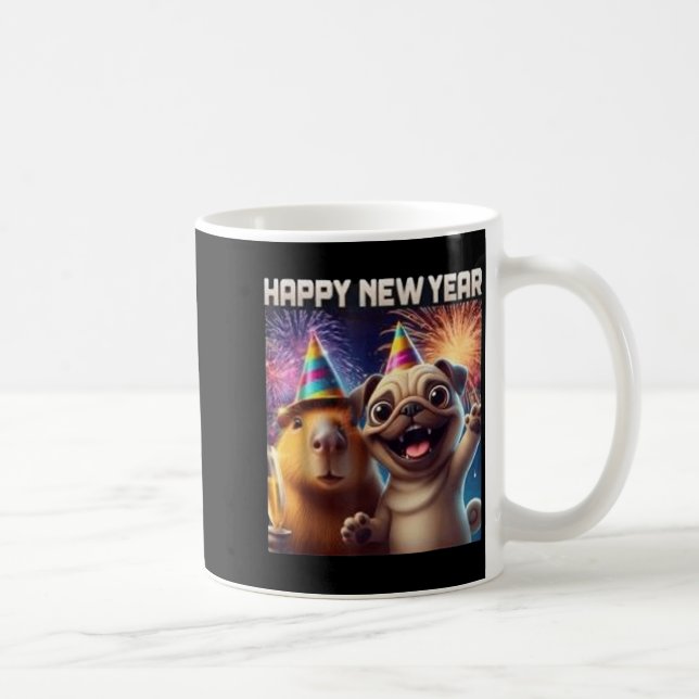 Happy New Year 2026 Capybara Pug Party Art  Kaffemugg (Höger)