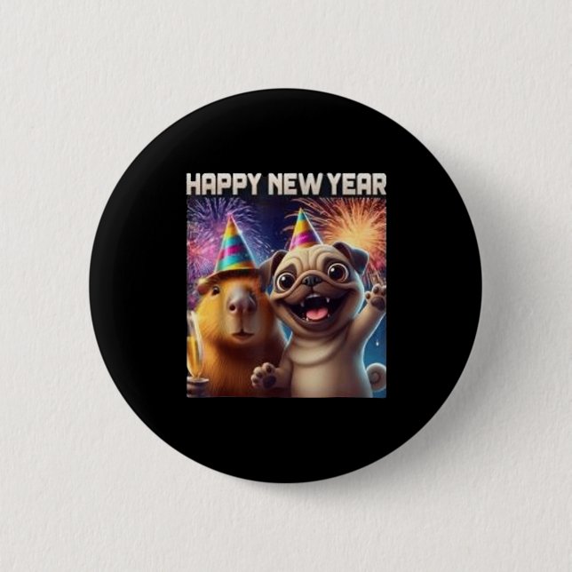 Happy New Year 2026 Capybara Pug Party Art  Knapp (Framsida)