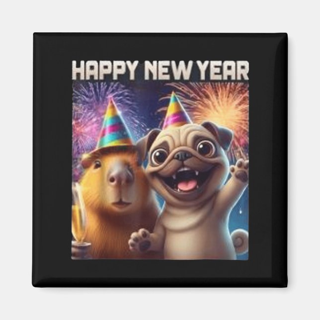Happy New Year 2026 Capybara Pug Party Art  Magnet (Framsidan)