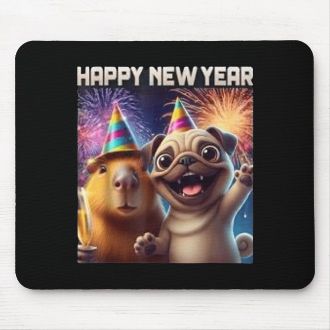 Happy New Year 2026 Capybara Pug Party Art  Musmatta (Framsidan)