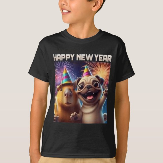 Happy New Year 2026 Capybara Pug Party Art  T Shirt (Framsida)
