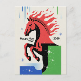 Happy New Year 2026 Card Red Horse Vintage Style Helg Vykort