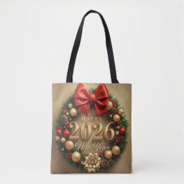 happy new year 2026 classic wreath tote bag tygkasse