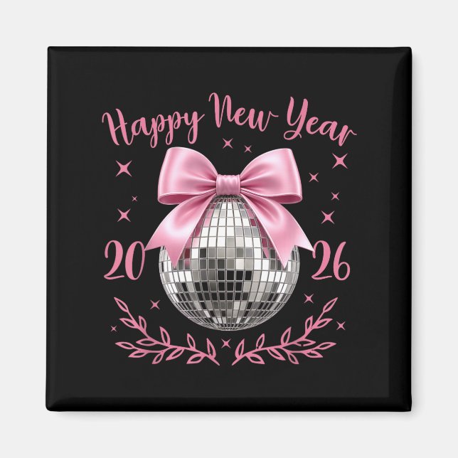 Happy New Year 2026 Coquette Nk Bow Disco Ball Wom Magnet (Framsidan)
