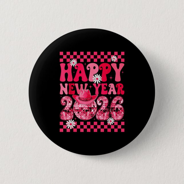 Happy New Year 2026 Cowgirl Cowboy Disco Ball Girl Knapp (Framsida)