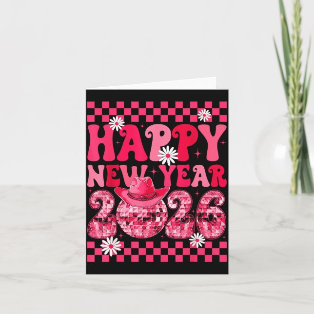 Happy New Year 2026 Cowgirl Cowboy Disco Ball Girl Kort (Framsida)