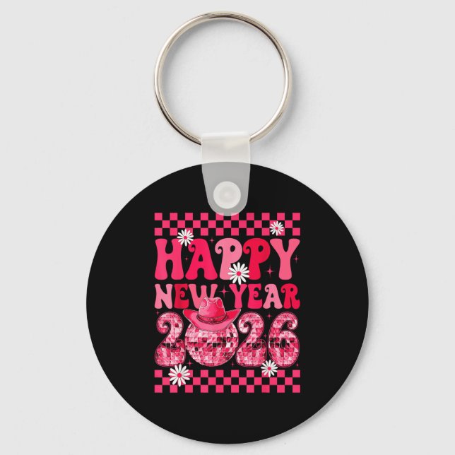 Happy New Year 2026 Cowgirl Cowboy Disco Ball Girl Nyckelring (Framsida)