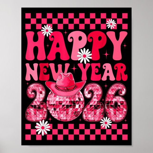 Happy New Year 2026 Cowgirl Cowboy Disco Ball Girl Poster (Framsidan)