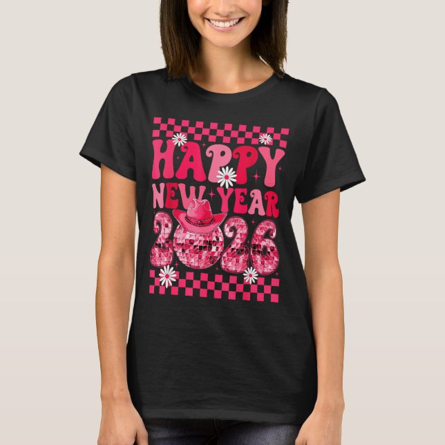 Happy New Year 2026 Cowgirl Cowboy Disco Ball Girl T Shirt (Framsida)