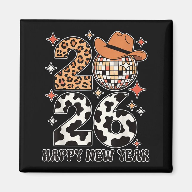 Happy New Year 2026 Cowgirl Disco Ball Western Leo Magnet (Framsidan)