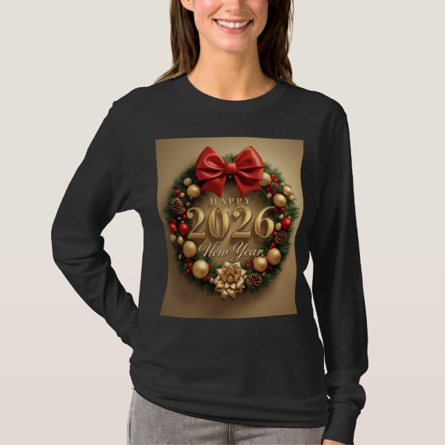 happy new year 2026 cozy wreath long sleeve t shirt (Framsida)