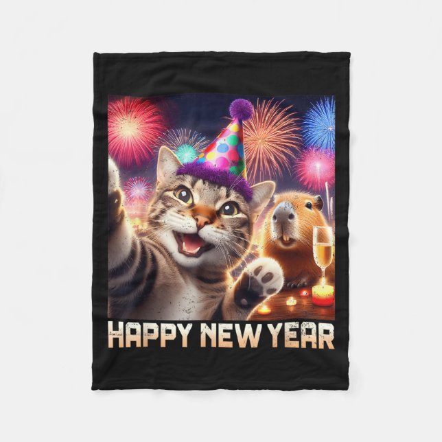 Happy New Year 2026 Cute Cat Capybara Party Art  Fleecefilt (Framsidan)
