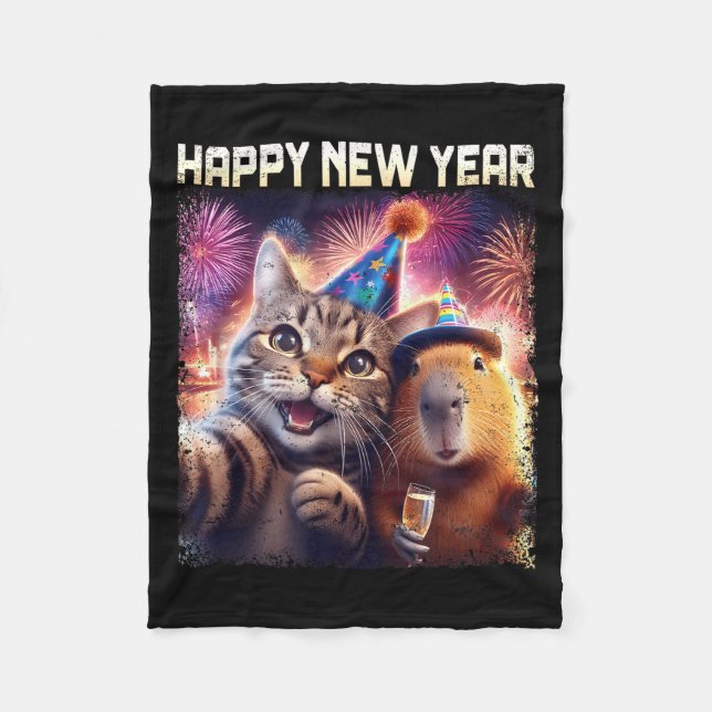 Happy New Year 2026 Cute Cat Capybara Party Art  Fleecefilt (Framsidan)