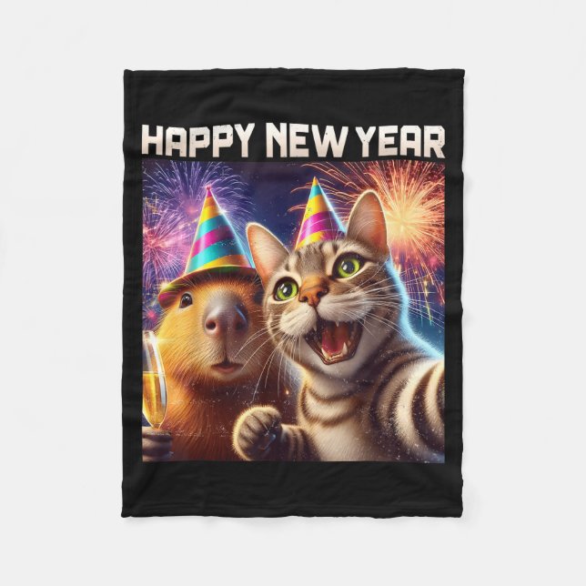 Happy New Year 2026 Cute Cat Capybara Party Art  Fleecefilt (Framsidan)